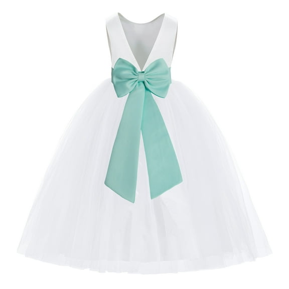 Ekidsbridal Girl Princess Flower Girl Dress - V-Back Satin White Tulle with Tiebow 219T-A (Size: M-14)