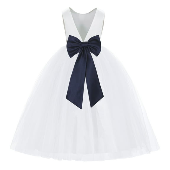 Ekidsbridal Girl Princess Flower Girl Dress - V-Back Satin White Tulle with Tiebow 219T-A (Size: M-14)