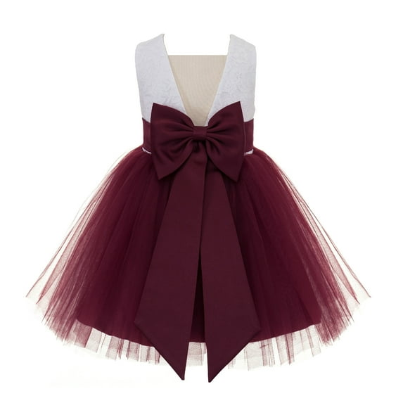 Ekidsbridal Girl Reception Flower Girl Dress - V-Back Lace Knee-Length with Bow Sash 206T-A (Size: S-10)