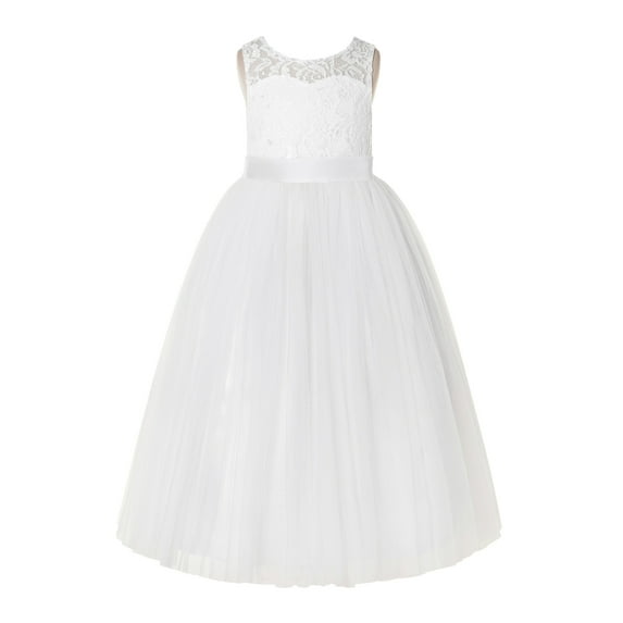 Ekidsbridal Girl Recital Flower Girl Dress - Ivory Floral Lace Tulle Keyhole Back Scoop Neck A-Line 178R-A (Size: 2-12)