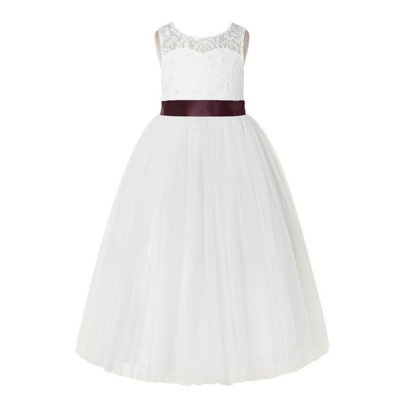 Ekidsbridal Girl Recital Flower Girl Dress - Ivory Floral Lace Tulle Keyhole Back Scoop Neck A-Line 178R-A (Size: 2-12)