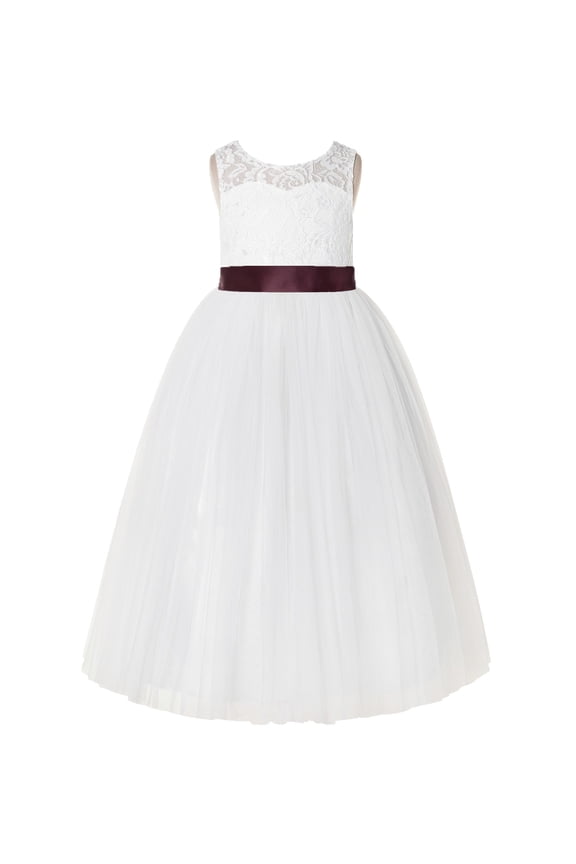 Girl Recital Flower Girl Dress - Ivory Floral Lace Tulle Keyhole Back Scoop Neck A-Line 178R-A (Size: 2-12)