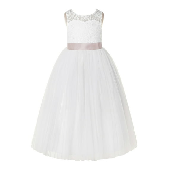 Ekidsbridal Girl Recital Flower Girl Dress - Ivory Floral Lace Tulle Keyhole Back Scoop Neck A-Line 178R-A (Size: 2-12)