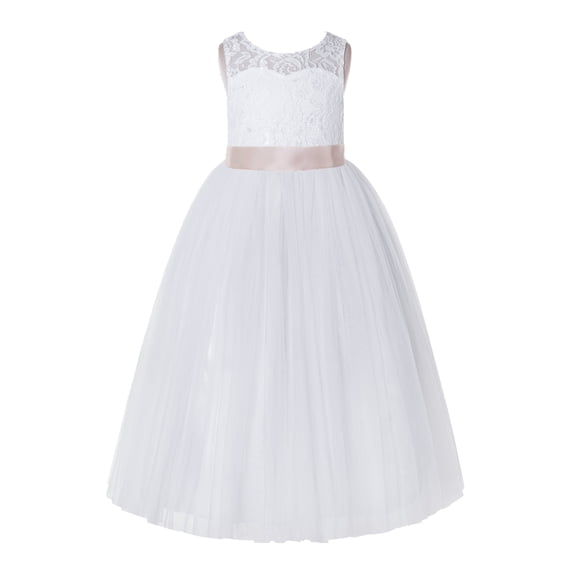 Ekidsbridal Girl Recital Flower Girl Dress - White Floral Lace Tulle Keyhole Back Scoop Neck A-Line 178R-A (Size: 2-12)