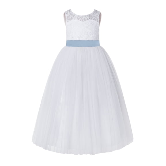 Ekidsbridal Girl Recital Flower Girl Dress - White Floral Lace Tulle Keyhole Back Scoop Neck A-Line 178R-A (Size: 2-12)