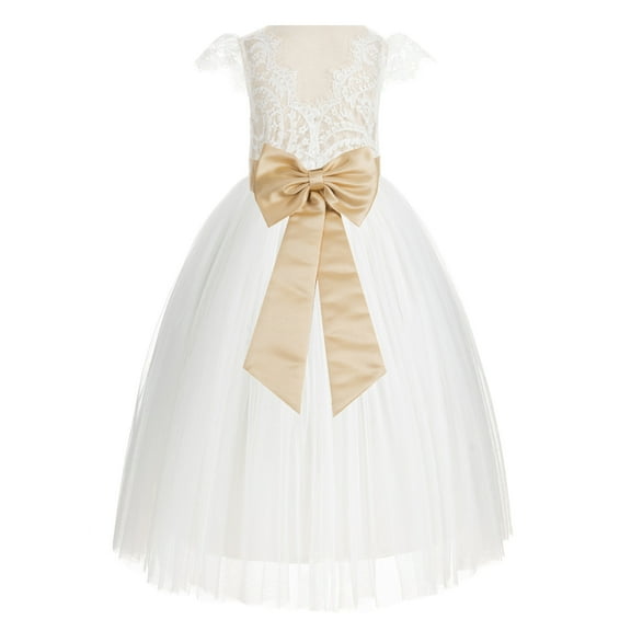 Ekidsbridal Girl Wedding Flower Girl Dress - Ivory Cap Sleeves V-Back Lace with Tiebow 622T-A (Size: 2-10)