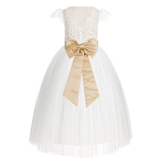 Ekidsbridal Girl Wedding Flower Girl Dress - Ivory Cap Sleeves V-Back Lace with Tiebow 622T-A (Size: 2-10)