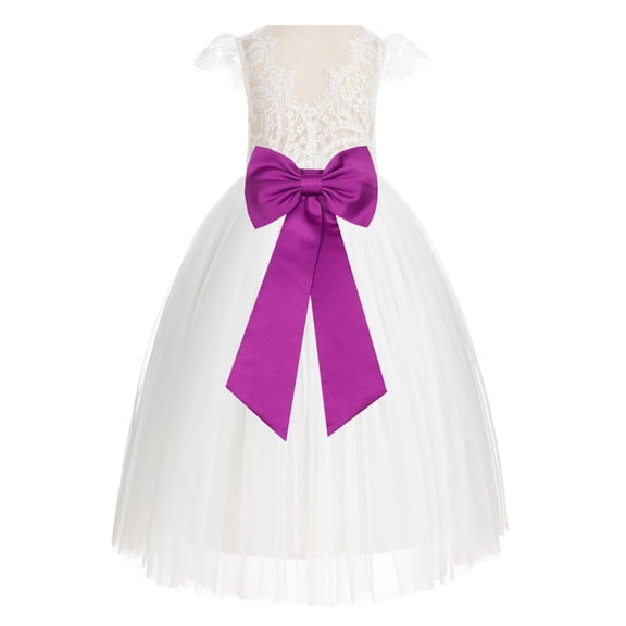 Ekidsbridal Girl Wedding Flower Girl Dress - Ivory Cap Sleeves V-Back Lace with Tiebow 622T-A (Size: 2-10)