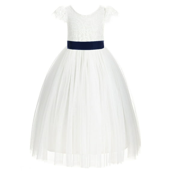 Ekidsbridal Girl Wedding Flower Girl Dress - Ivory Cap Sleeves V-Back Lace with Tiebow 622T-A (Size: 2-10)