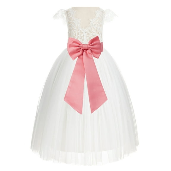 Ekidsbridal Girl Wedding Flower Girl Dress - Ivory Cap Sleeves V-Back Lace with Tiebow 622T-A (Size: 2-10)