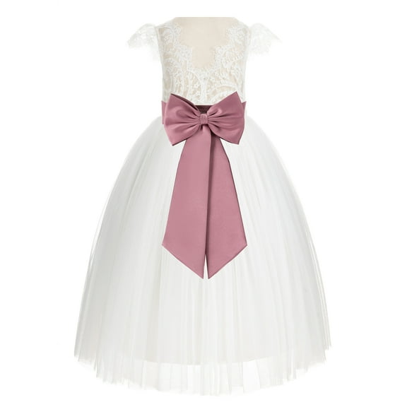 Ekidsbridal Girl Wedding Flower Girl Dress - Ivory Cap Sleeves V-Back Lace with Tiebow 622T-A (Size: 2-10)
