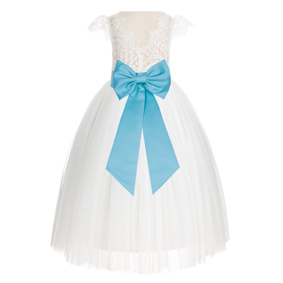 Ekidsbridal Girl Wedding Flower Girl Dress - Ivory Cap Sleeves V-Back Lace with Tiebow 622T-A (Size: 2-10)
