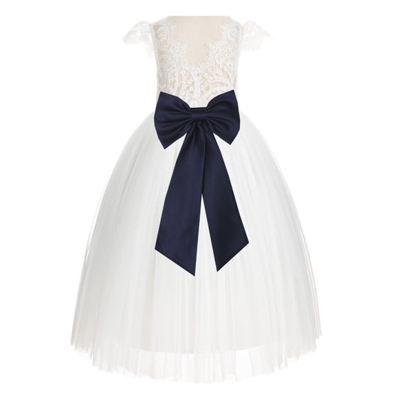 Ekidsbridal Girl Wedding Flower Girl Dress - Ivory Cap Sleeves V-Back Lace with Tiebow 622T-A (Size: 2-10)