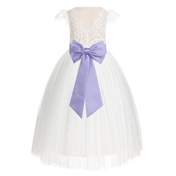 Ekidsbridal Girl Wedding Flower Girl Dress - Ivory Cap Sleeves V-Back Lace with Tiebow 622T-A (Size: 2-10)
