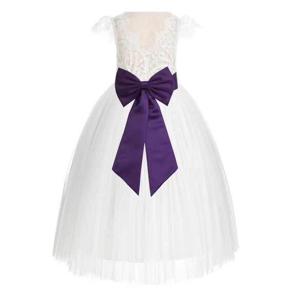 Ekidsbridal Girl Wedding Flower Girl Dress - Ivory Cap Sleeves V-Back Lace with Tiebow 622T-A (Size: 2-10)