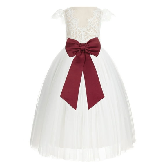 Ekidsbridal Girl Wedding Flower Girl Dress - Ivory Cap Sleeves V-Back Lace with Tiebow 622T-A (Size: 2-10)