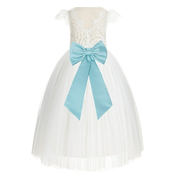 Ekidsbridal Girl Wedding Flower Girl Dress - Ivory Cap Sleeves V-Back Lace with Tiebow 622T-A (Size: 2-10)