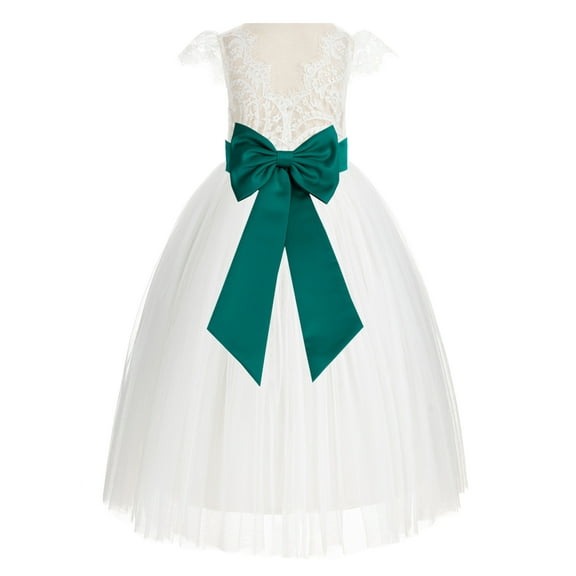 Ekidsbridal Girl Wedding Flower Girl Dress - Ivory Cap Sleeves V-Back Lace with Tiebow 622T-A (Size: 2-10)