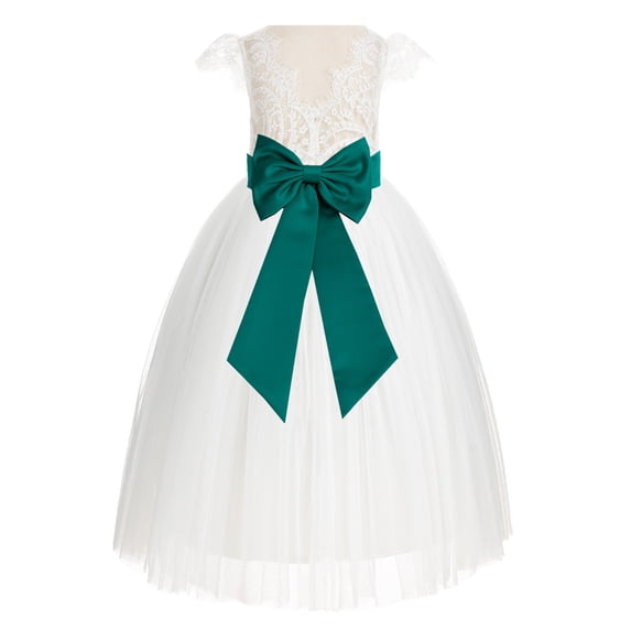 Ekidsbridal Girl Wedding Flower Girl Dress - Ivory Cap Sleeves V-Back Lace with Tiebow 622T-A (Size: 2-10)
