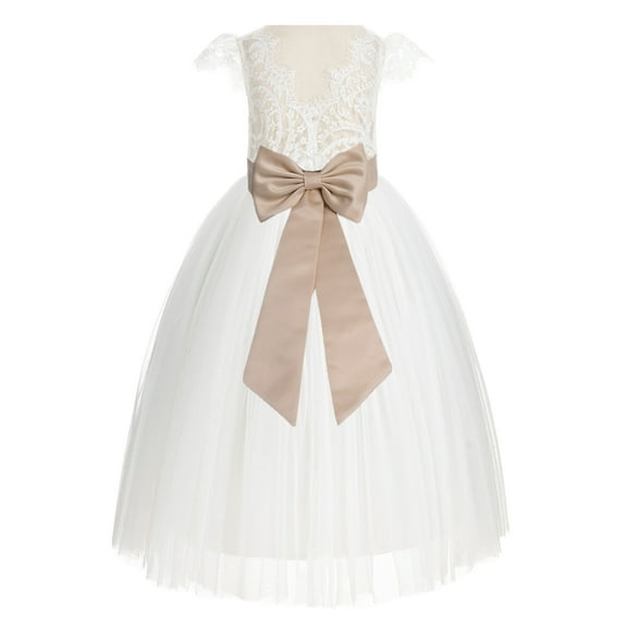 Ekidsbridal Girl Wedding Flower Girl Dress - Ivory Cap Sleeves V-Back Lace with Tiebow 622T-A (Size: 2-10)