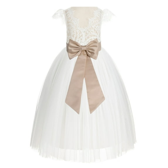 Ekidsbridal Girl Wedding Flower Girl Dress - Ivory Cap Sleeves V-Back Lace with Tiebow 622T-A (Size: 2-10)