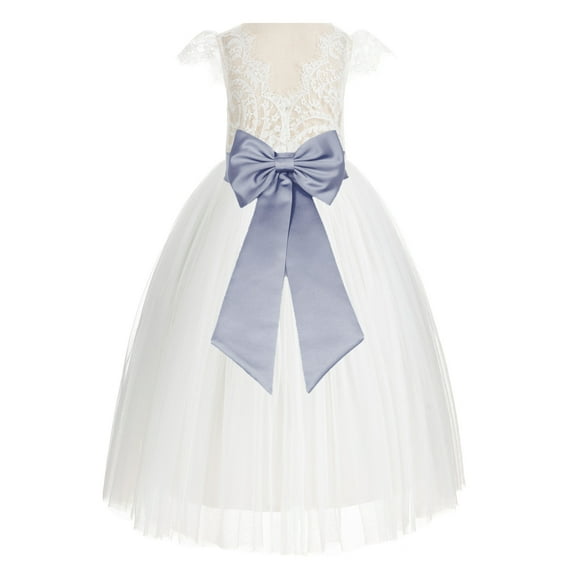 Ekidsbridal Girl Wedding Flower Girl Dress - Ivory Cap Sleeves V-Back Lace with Tiebow 622T-A (Size: 2-10)