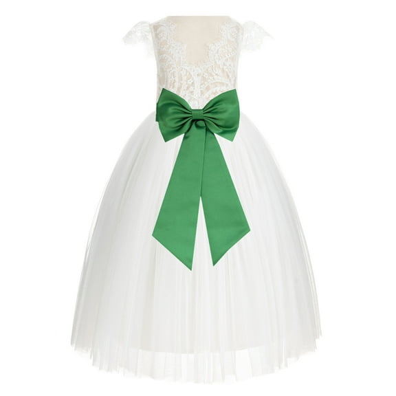 Ekidsbridal Girl Wedding Flower Girl Dress - Ivory Cap Sleeves V-Back Lace with Tiebow 622T-A (Size: 2-10)