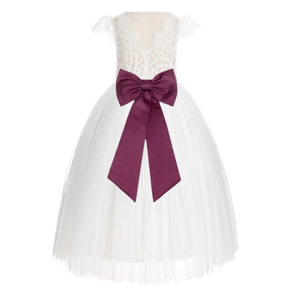 Ekidsbridal Girl Wedding Flower Girl Dress - Ivory Cap Sleeves V-Back Lace with Tiebow 622T-A (Size: 2-10)