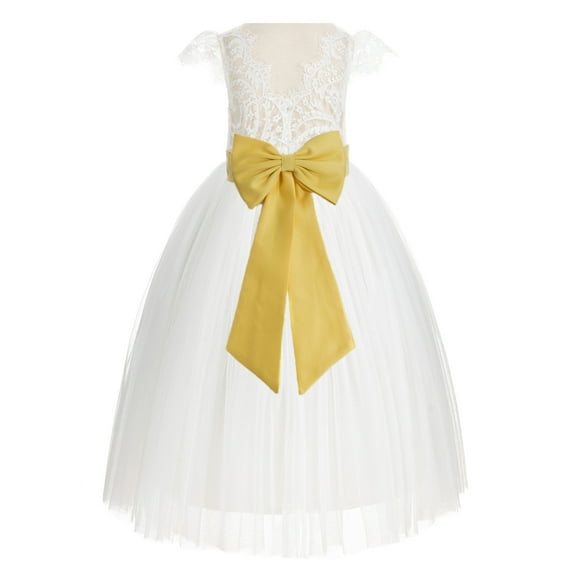 Ekidsbridal Girl Wedding Flower Girl Dress - Ivory Cap Sleeves V-Back Lace with Tiebow 622T-A (Size: 2-10)