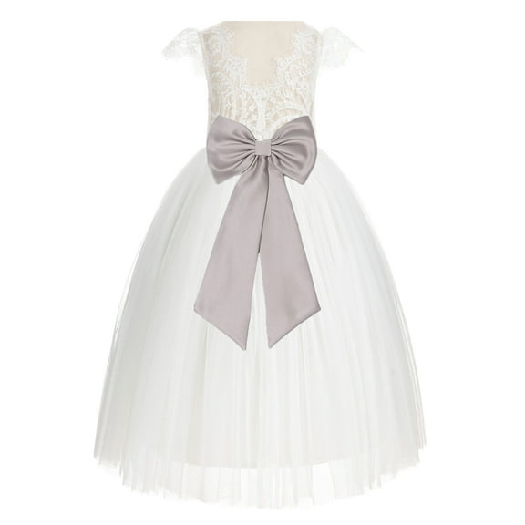 Ekidsbridal Girl Wedding Flower Girl Dress - Ivory Cap Sleeves V-Back Lace with Tiebow 622T-A (Size: 2-10)