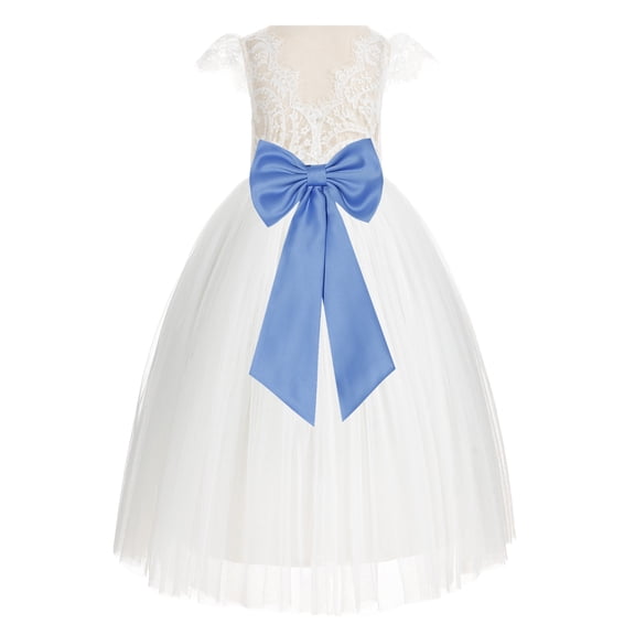 Ekidsbridal Girl Wedding Flower Girl Dress - Ivory Cap Sleeves V-Back Lace with Tiebow 622T-A (Size: 2-10)