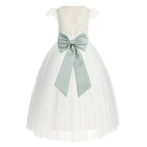 Ekidsbridal Girl Wedding Flower Girl Dress - Ivory Cap Sleeves V-Back Lace with Tiebow 622T-A (Size: 2-10)