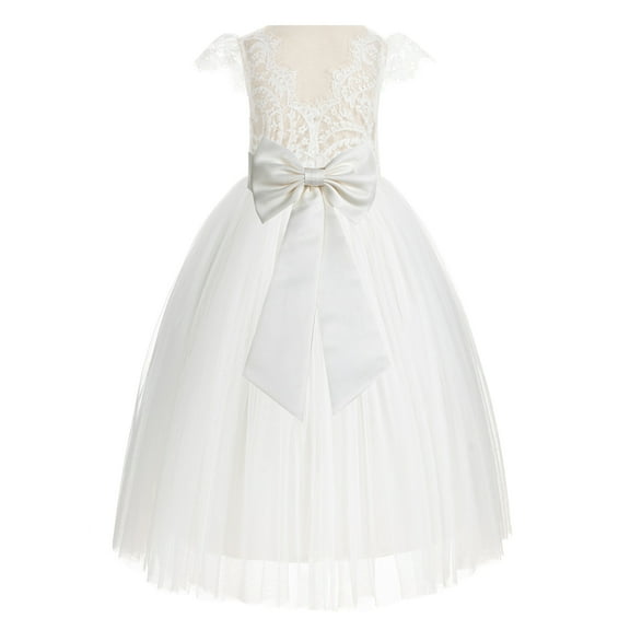 Ekidsbridal Girl Wedding Flower Girl Dress - Ivory Cap Sleeves V-Back Lace with Tiebow 622T-A (Size: 2-10)