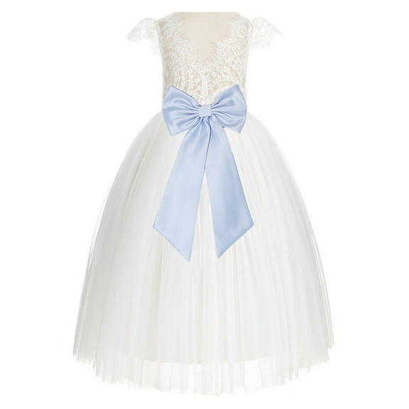 Ekidsbridal Girl Wedding Flower Girl Dress - Ivory Cap Sleeves V-Back Lace with Tiebow 622T-A (Size: 2-10)
