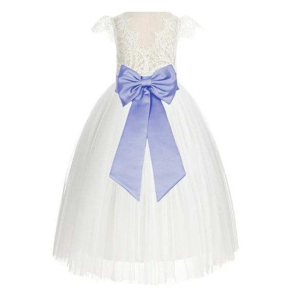 Ekidsbridal Girl Wedding Flower Girl Dress - Ivory Cap Sleeves V-Back Lace with Tiebow 622T-A (Size: 2-10)