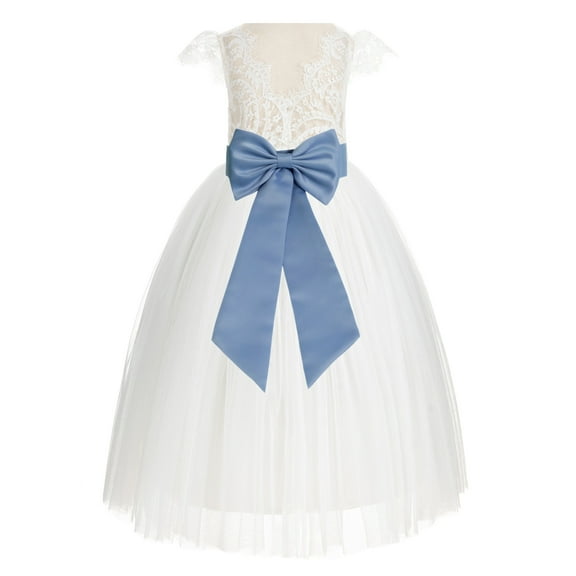 Ekidsbridal Girl Wedding Flower Girl Dress - Ivory Cap Sleeves V-Back Lace with Tiebow 622T-A (Size: 2-10)