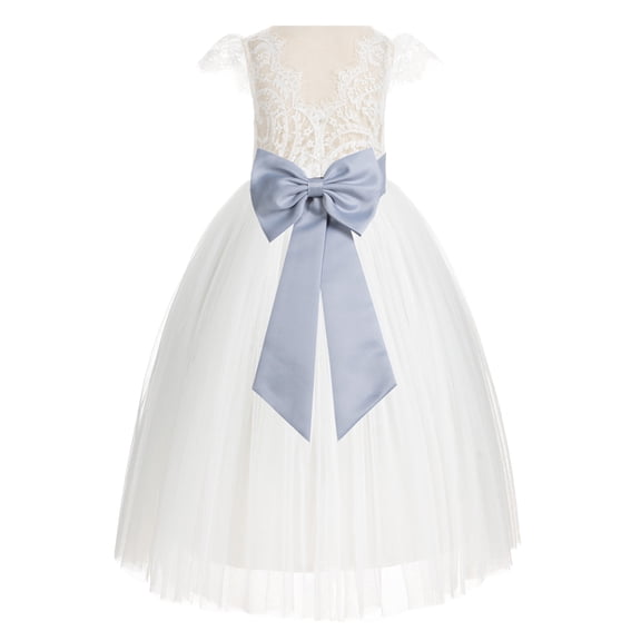 Ekidsbridal Girl Wedding Flower Girl Dress - Ivory Cap Sleeves V-Back Lace with Tiebow 622T-A (Size: 2-10)