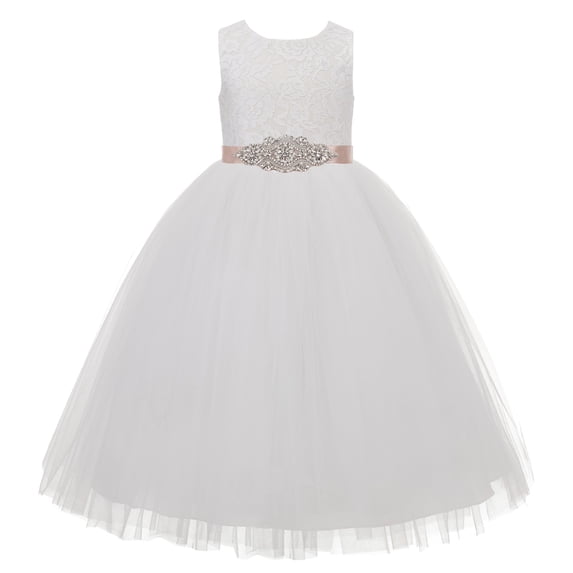 Ekidsbridal Girl Wedding Flower Girl Dress - Ivory Heart Cutout Floral Lace with Rhinestone Sash 172R3-A (Size: 2-14)
