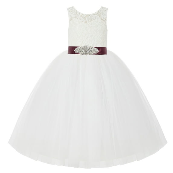 Ekidsbridal Girl Wedding Flower Girl Dress - Ivory Illusion Lace Tulle Tutu with Rhinestone Beaded Sash 212R3-A (Size: 2-10)