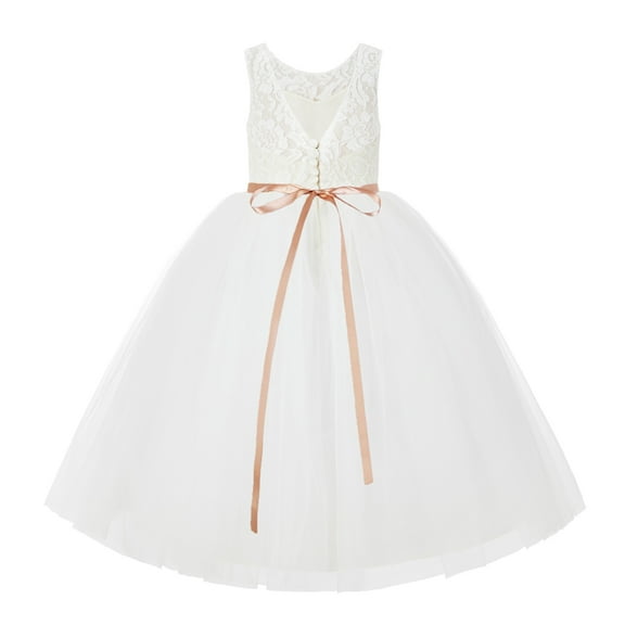 Ekidsbridal Girl Wedding Flower Girl Dress - Ivory V-Back Lace Tulle Tutu Button Down Back 212R4-A (Size: 2-10)
