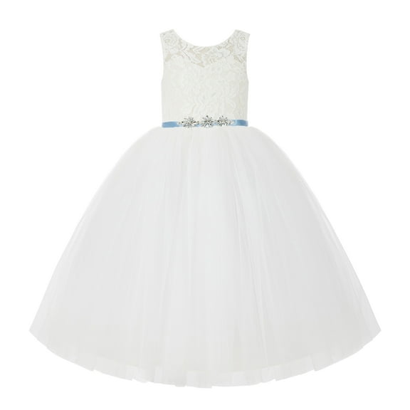 Ekidsbridal Girl Wedding Flower Girl Dress - Ivory V-Back Lace Tulle Tutu Button Down Back 212R4-A (Size: 2-10)