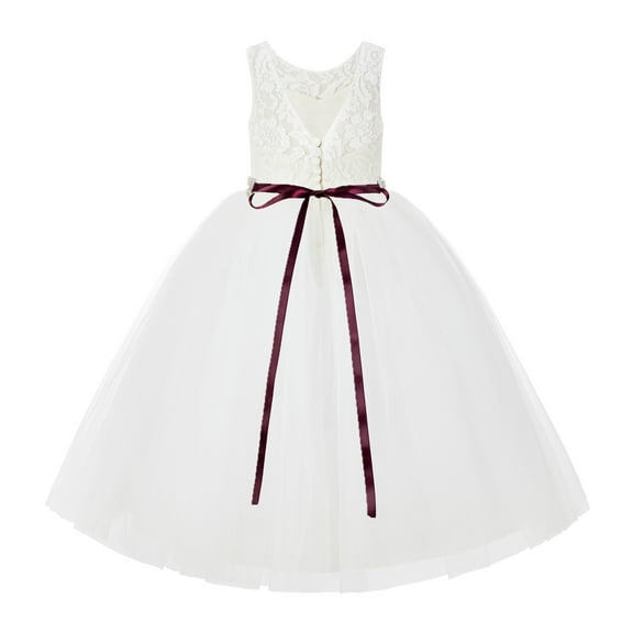 Ekidsbridal Girl Wedding Flower Girl Dress - Ivory V-Back Lace Tulle Tutu with Rhinestone Sash 212R2-A (Size: 2-10)