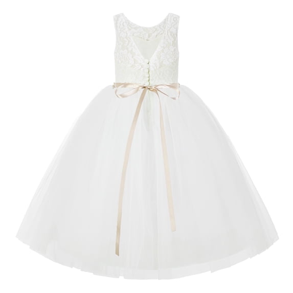 Ekidsbridal Girl Wedding Flower Girl Dress - Ivory V-Back Lace Tulle Tutu with Rhinestone Sash 212R2-A (Size: 2-10)