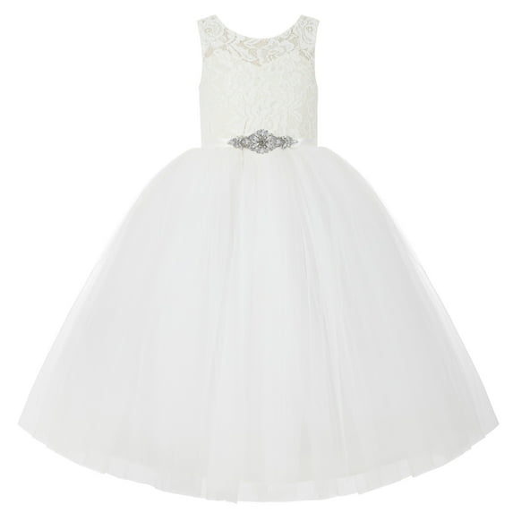 Ekidsbridal Girl Wedding Flower Girl Dress - Ivory V-back Illusion Lace with Rhinestone Ribbon 212R5thin-A (Size: 2-10)