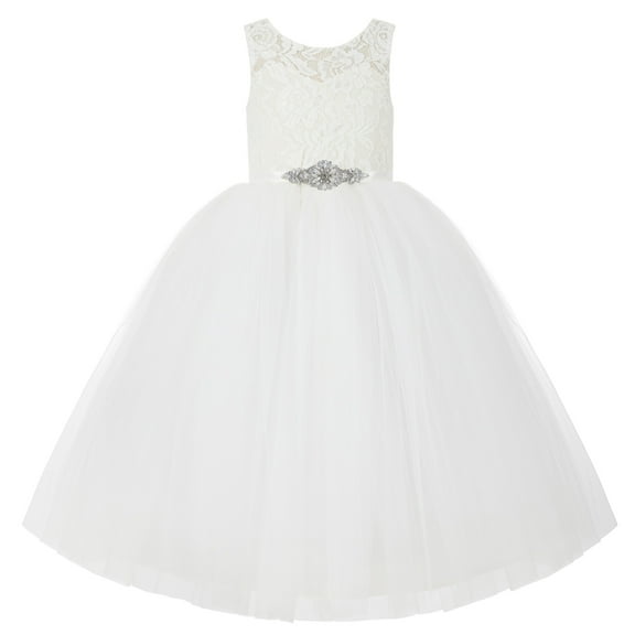 Ekidsbridal Girl Wedding Flower Girl Dress - Ivory V-back Illusion Lace with Rhinestone Ribbon 212R5thin-A (Size: 2-10)