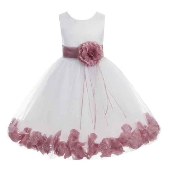 Ekidsbridal Girl Wedding Flower Girl Dress - Rose Petals White Tulle Dress with Organza Sash 007-A (Size: S-16)