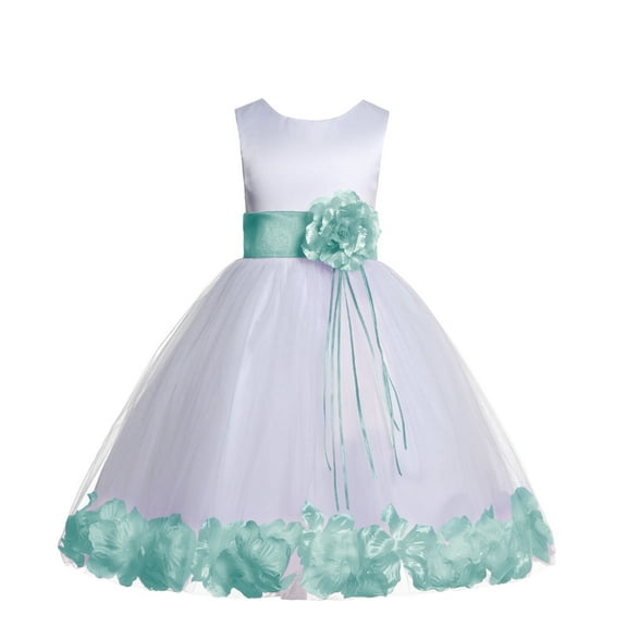 Ekidsbridal Girl Wedding Flower Girl Dress - Rose Petals White Tulle Dress with Organza Sash 007-A (Size: S-16)
