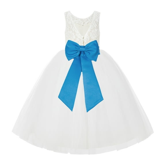 Ekidsbridal Girl Wedding Flower Girl Dress - V-Back Ivory Lace Tulle with Bow Sash 212noFT-A (Size: 2-10)