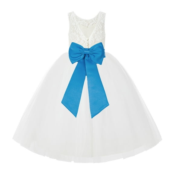Ekidsbridal Girl Wedding Flower Girl Dress - V-Back Ivory Lace Tulle with Bow Sash 212noFT-A (Size: 2-10)