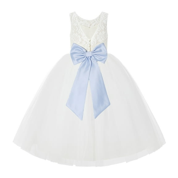 Ekidsbridal Girl Wedding Flower Girl Dress - V-Back Ivory Lace Tulle with Bow Sash 212noFT-A (Size: 2-10)